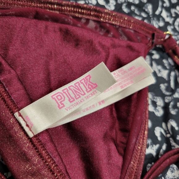 NWOT VS PINK Maroon Gold Shimmer Triangle Mesh Workout Athletic Unlined Bralette - Picture 4 of 6